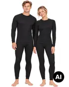Sort langærmet baselayer-sæt med tætsiddende trøjer og leggings, vist på mandlig og kvindelig model, velegnet til lag-på-lag. - Billedet er skabt med AI
