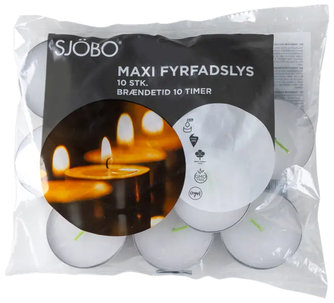 Pakke med 10 maxi fyrfadslys i runde metalholdere. Brændetid er 10 timer pr. lys. Velegnet til hjemmet, vegansk, GMO-fri og uden palmeolie.
