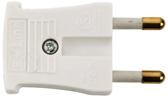 Hvidt europæisk stikprop med to guldbelagte ben, plastikhus og centralskrue. Velegnet til 16A, 250V strømforbindelser. Kompakt og holdbar til husholdningsbrug.