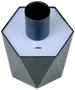 Elektronisk enhed med sekskantet form, central cylinder, mat sort finish og lille åbning på toppen. Moderne, geometrisk design, ideel til hjemmet eller kontoret.