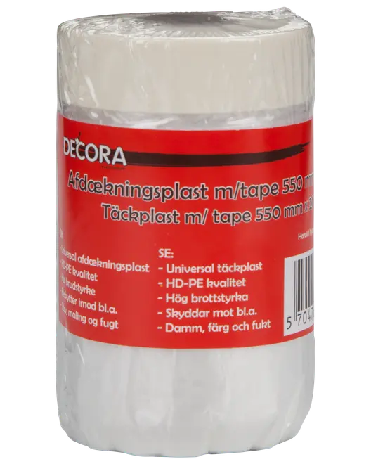 Rulle med universal afdækningsplast og tape, 550 mm x 25 m, HD-PE kvalitet, beskytter mod støv, maling og fugt under renovering eller malerarbejde.
