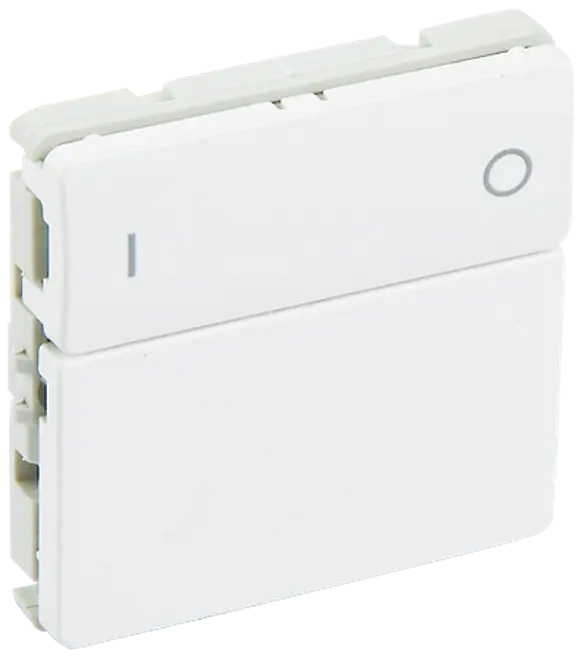 Hvid rektangulær vippekontakt til elinstallation med tænd/sluk-symboler. Designet til vægmontering, har et minimalistisk udseende og glat overflade for nem betjening.