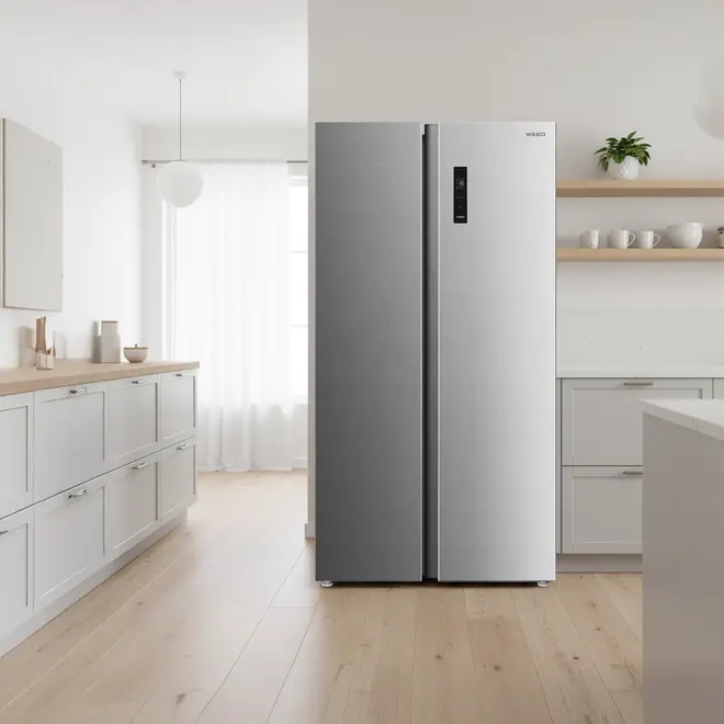 Moderne side-by-side køleskab i rustfrit stål med lodret digitalt display på højre dør. Rummeligt og minimalistisk design, ideelt til moderne køkkener.