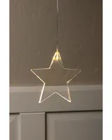 Hängande stjärnformad LED-ljussdekoration i klar akryl. Ger ett varmt vitt sken, perfekt för fest eller heminredning. Tunn tråd för enkel upphängning.