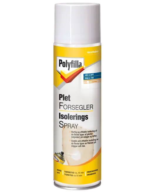 Polyfilla Pletforsegler Isoleringsspray, 400ml spraydåse, til hurtig og effektiv isolering af pletter på vægge og lofter. Til indendørs brug, tørretid ca. 15 minutter, hvid.
