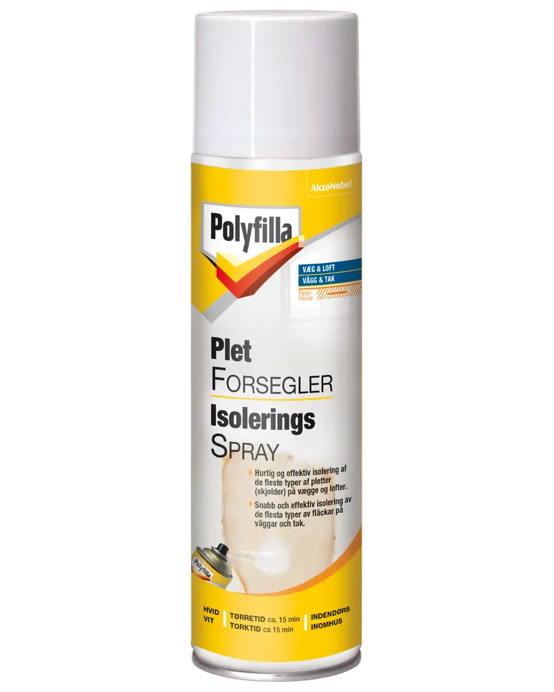 Polyfilla Pletforsegler Isoleringsspray, 400ml spraydåse, til hurtig og effektiv isolering af pletter på vægge og lofter. Til indendørs brug, tørretid ca. 15 minutter, hvid.