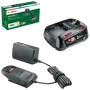 Bosch 18V startsæt med 2,5Ah lithium-ion batteri, kompakt oplader og strømforsyning. Passer til Bosch trådløse værktøjer. Leveres i grøn detailæske med produktinformation.
