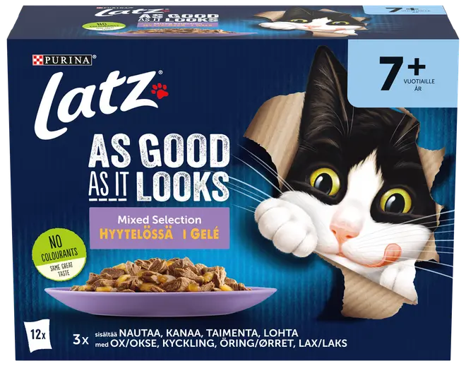 Purina Latz kattmat för katter 7+, blandad selection i gelé, utan färgämnen, innehåller nöt, kyckling, öring, lax, med lekfull katt och matskål på förpackningen.