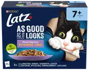 Purina Latz kattmat för katter 7+, blandad selection i gelé, utan färgämnen, innehåller nöt, kyckling, öring, lax, med lekfull katt och matskål på förpackningen.