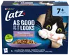 Latz As Good As It Looks kattmat, blandat urval i gelé, 12 portioner med kyckling, torsk, lax och nöt. Förpackningen har en lekfull kattillustration.