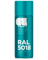 Cosmoslac premium akrylmaling spray, RAL 5018 turkisblå, 400ml dåse. Glat, blank finish til forskellige overflader. Nem aerosolpakning for jævn påføring.