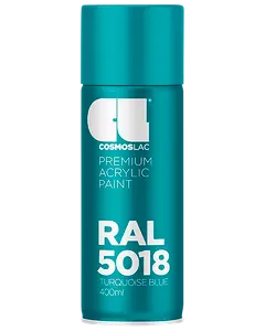 Cosmoslac premium akrylmaling spray, RAL 5018 turkisblå, 400ml dåse. Glat, blank finish til forskellige overflader. Nem aerosolpakning for jævn påføring.