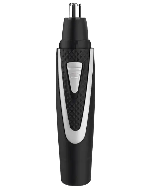 Sort og sølv elektrisk næse- og ørehårstrimmer med tekstureret greb, tænd/sluk-knap og afrundet spids for sikker trimning. Kompakt og let design til personlig pleje.