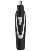 Sort og sølv elektrisk næse- og ørehårstrimmer med tekstureret greb, tænd/sluk-knap og afrundet spids for sikker trimning. Kompakt og let design til personlig pleje.