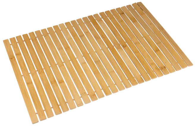 Rektangulært bademåtte af bambus med parallelle lameller, naturtræ finish, skridsikker bagside og vandafvisende overflade. Miljøvenlig og let at rengøre.