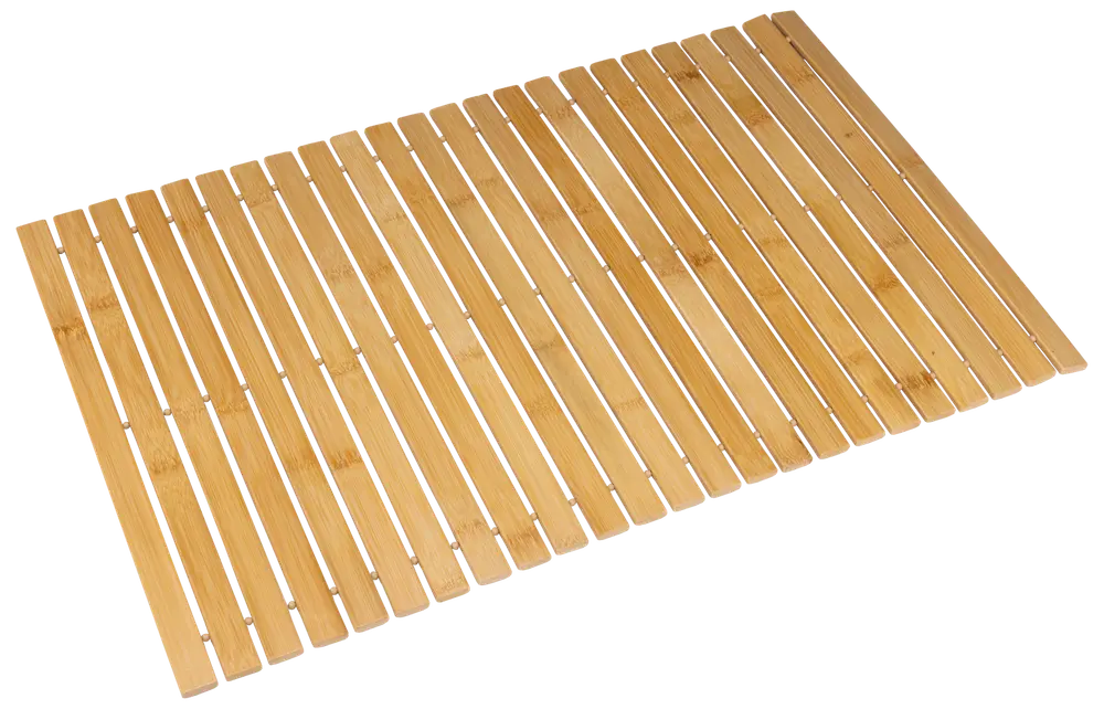 Rektangulär badmatta i bambu med parallella ribbor, naturfärgad, halkfri baksida och vattenavvisande yta. Miljövänlig och lätt att rengöra.