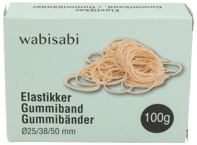Ask med beige gummiband, 100g, blandade diametrar 25, 38 och 50 mm. Märke Wabisabi, passar för kontor eller hem.