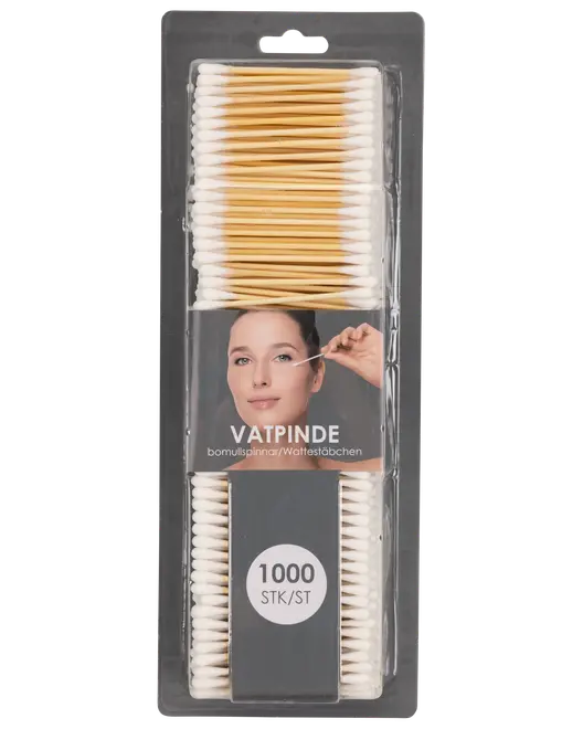 Pakke med 1000 vatpinde med hvide ender og træskaft, arrangeret i en klar plastbeholder. Velegnet til personlig pleje og rengøring.