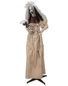 Livstor animerad zombibrud med trasig beige klänning, vitt slöja, skelett-händer och bukett vita blommor. Skrämmande ansikte och långt svart hår, perfekt för Halloween.