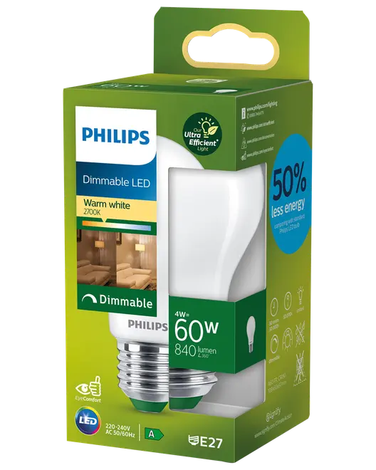 Philips dæmpbar LED-pære i emballage, varm hvid 2700K, 4W svarer til 60W, 840 lumen, E27-fatning, energieffektiv.