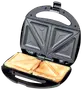 Elektrisk sandwichmaskine med non-stick plader, der laver to trekantede toast ad gangen. Sort plastikhus og håndtag, indikatorlys på låget.