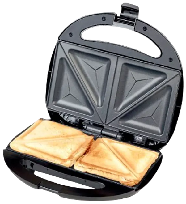 Elektrisk sandwichmaskine med non-stick plader, der laver to trekantede toast ad gangen. Sort plastikhus og håndtag, indikatorlys på låget.