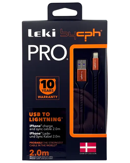 Leki bycph PRO USB til Lightning-kabel, 2,0 meter, sort med orange stik, til iPhone opladning og synkronisering. 10 års garanti. Dansk design. Robust og holdbar.
