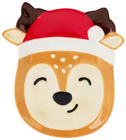 Keramiktallrik formad som ett leende renansikte med röd tomteluva, bruna horn och festliga detaljer. Perfekt för julservering eller dekoration.