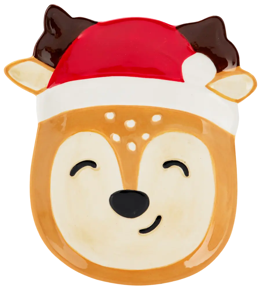 Keramiktallrik formad som ett leende renansikte med röd tomteluva, bruna horn och festliga detaljer. Perfekt för julservering eller dekoration.