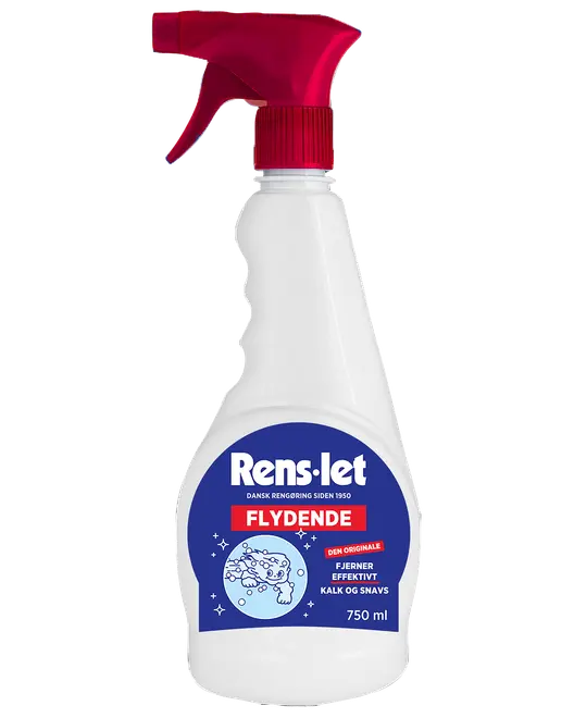750 ml sprayflaske med Rens-let flydende rengøringsmiddel, rød spraydyse. Effektiv mod kalk og snavs. Blå og hvid etiket med produktinformation og illustration.