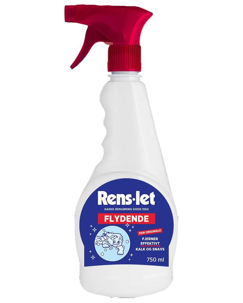 750 ml sprayflaske med Rens-let flydende rengøringsmiddel, rød spraydyse. Effektiv mod kalk og snavs. Blå og hvid etiket med produktinformation og illustration.