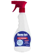 750 ml sprayflaske med Rens-let flydende rengøringsmiddel, rød spraydyse. Effektiv mod kalk og snavs. Blå og hvid etiket med produktinformation og illustration.