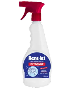 750 ml sprayflaske med Rens-let flydende rengøringsmiddel, rød spraydyse. Effektiv mod kalk og snavs. Blå og hvid etiket med produktinformation og illustration.