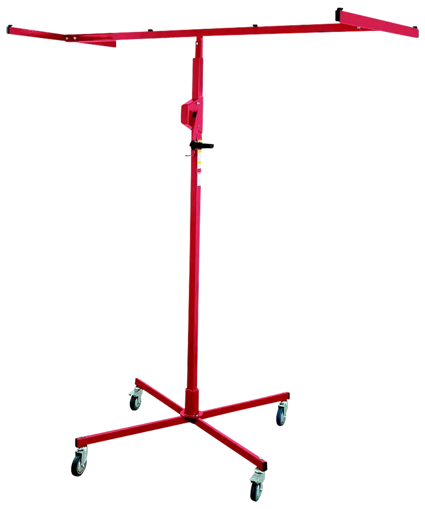 Rødt gipspladeløft med justerbare arme, central lodret støtte og fire hjul for nem mobilitet. Bruges til montering af gipsplader på vægge eller lofter.