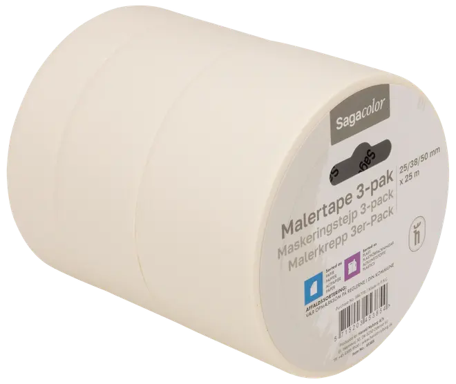 Sagacolor malertape 3-pak, indeholder tre ruller malertape i forskellige bredder (25/38/50 mm), hver rulle er 25 meter lang, velegnet til malerarbejde og afdækning.