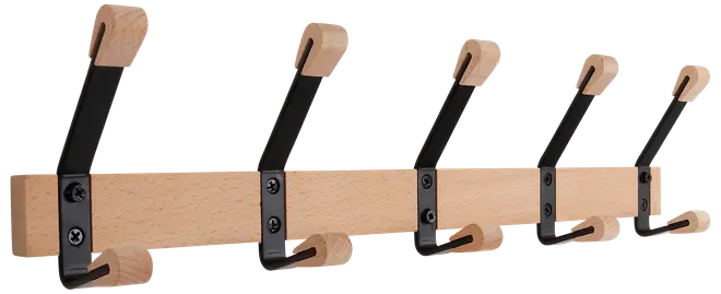 Väggmonterad klädhängare med fem dubbla krokar. Tillverkad av ljust trä och svart metall, varje krok har träspets. Modern, minimalistisk design för jackor, hattar eller väskor.