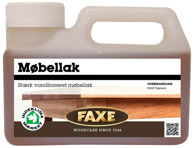 Plastdunk med FAXE vandbaseret møbellak, stærk beskyttelse til træmøbler. Har bærehåndtag, skruelåg og dansk produktinformation på etiketten foran.