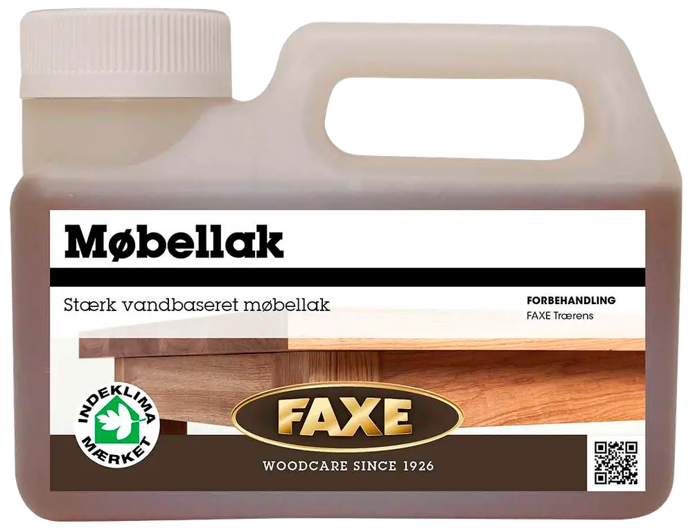 Plastdunk med FAXE vandbaseret møbellak, stærk beskyttelse til træmøbler. Har bærehåndtag, skruelåg og dansk produktinformation på etiketten foran.