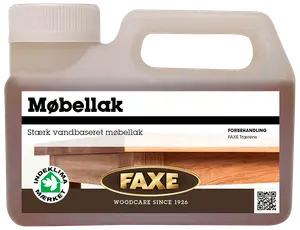 Plastdunk med FAXE vandbaseret møbellak, stærk beskyttelse til træmøbler. Har bærehåndtag, skruelåg og dansk produktinformation på etiketten foran.
