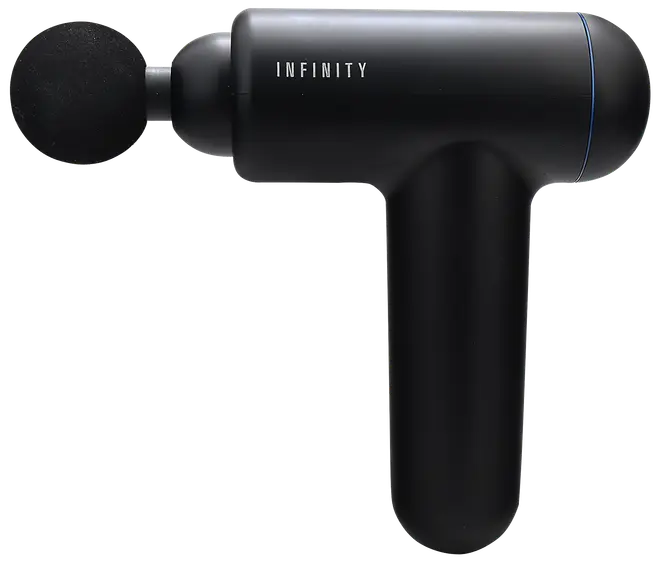 Sort håndholdt massagepistol med rundt skumhoved, ergonomisk håndtag og "INFINITY" logo på siden. Velegnet til muskelafslapning og dybdegående massage.