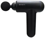 Sort håndholdt massagepistol med rundt skumhoved, ergonomisk håndtag og "INFINITY" logo på siden. Velegnet til muskelafslapning og dybdegående massage.