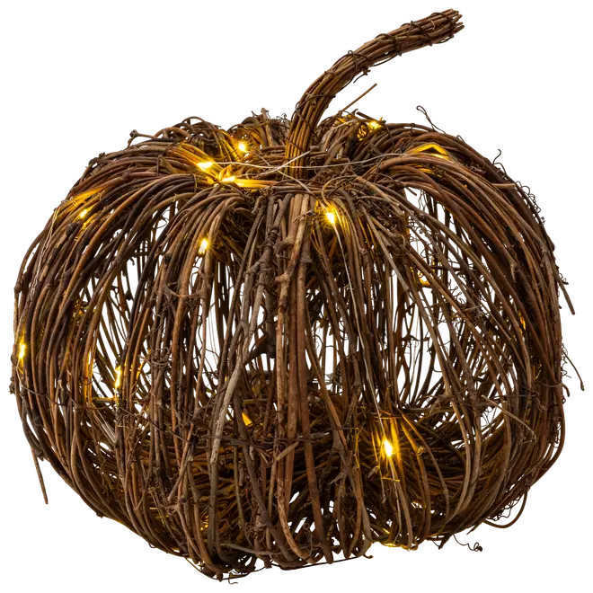 Dekorativ pumpa av flätade bruna kvistar med böjd stjälk och små varmgula LED-lampor, perfekt för höst- eller Halloween-dekoration.