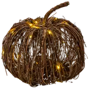 Dekorativ pumpa av flätade bruna kvistar med böjd stjälk och små varmgula LED-lampor, perfekt för höst- eller Halloween-dekoration.