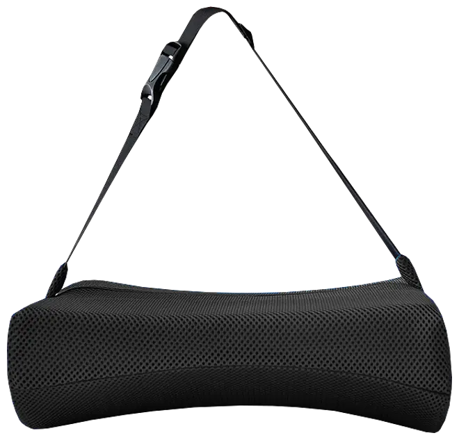 Ergonomisk sort lændestøttepude i mesh med justerbar rem, designet til kontorstole eller bilsæder for komfort og støtte. Let og nem at transportere.