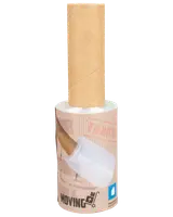 Handhållen rulle med klar sträckfilm och papphandtag, perfekt för flytt eller packning för att säkra och bunta ihop saker. Kompakt storlek för enkel användning.