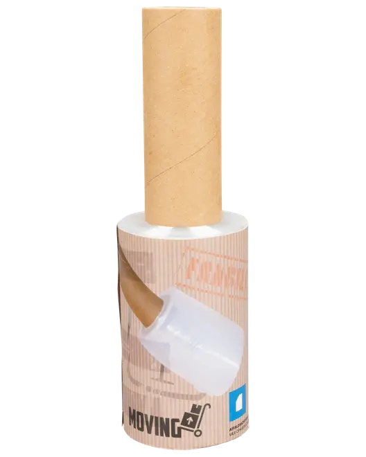 Handhållen rulle med klar sträckfilm och papphandtag, perfekt för flytt eller packning för att säkra och bunta ihop saker. Kompakt storlek för enkel användning.