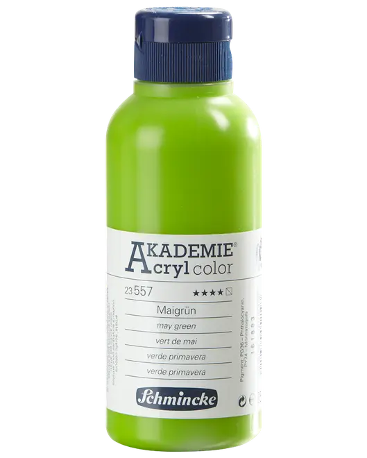 Flaske med Schmincke Akademie Acryl color akrylmaling i farven May Green, 250 ml, blå skruelåg og hvid etiket med produktinformation.