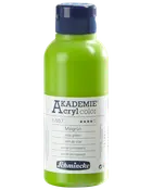 Flaska med Schmincke Akademie Acryl color akrylfärg i färgen May Green, 250 ml, blå skruvlock och vit etikett med produktinformation.