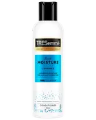 Hvid flaske med sort låg, mærket TRESemmé Rich Moisture Conditioner, 300 ml. Blå og guld detaljer, indeholder E-vitamin for luksuriøs fugt og hydrering hele dagen.
