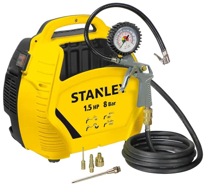 Gul Stanley kompressor, 1,5 HK, 8 Bar, med tryckmätare, luftslang, blåspistol och flera munstycken. Kompakt, bärbar design med handtag.